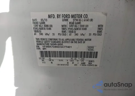 2013 Ford Explorer Xlt z USA, uszkodzony, nr VIN 1FM5K7D86DGC77401